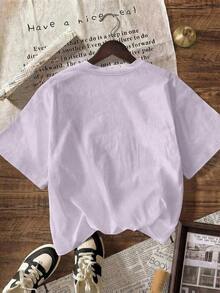 Diseño de bordado de girasol Estampado floral vibrante Camiseta de manga corta de cuello redondo casual para mujer de primavera y verano - Púrpura malva - Ver 2