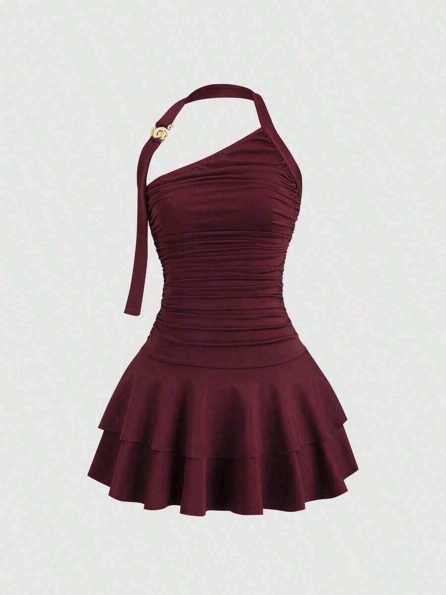 Nuevo estilo de vestido mini para mujer con falda acampanada, decoración de metal en espiral en el cuello halter y la cintura - Burdeos 2 - Ver 1