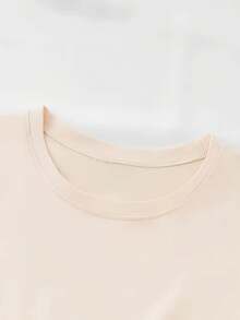 Women's Cotton T-Shirt, "Travel Is My Relax" Letter,Airplane & Heart Print,Apricot Loose Round Neck Short Sleeve Tee,Breathable For Summer Daily Wear - 淺杏色 - 查看 3
