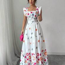 Elenzya Women's Colorful Print Cinched Waist Square Neck Cap Sleeve Casual Vacation Style Dress - Verde - Ver 7
