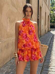 casual de verano para mujer con cuello halter, unicolor y volantes en el bajo - Naranja 2 - Ver 2