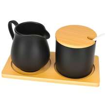 Ceramic Milk And Sugar Set With Lid And Spoon, Milk Jug And Sugar Bowl With Wooden Tray, Dishwasher And Microwave - Black - View 6