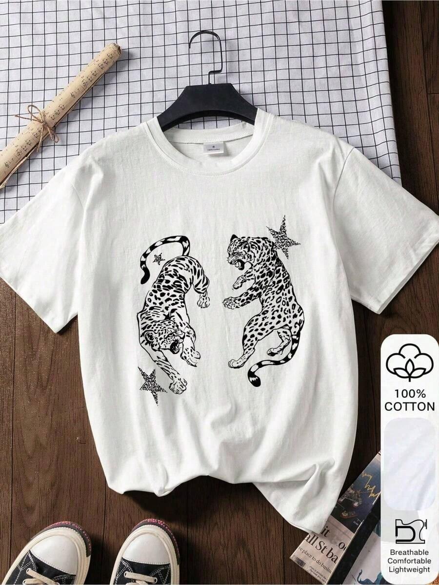 Women's Loose-Fitting T-Shirt, Leopard And Star Print, Cotton, White Short-Sleeve Graphic Tee, Back To Fashion, Outfit Ideas, Back To Basics, Outfit Day One, Back To Outfits 2026 - 白色 2 - 查看 1