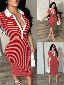 Vestido polo de manga corta a rayas blanco y negro de estilo minimalista y casual para ir al trabajo, vestido de punto de media longitud con ajuste ceñido y gran elasticidad, vestido elegante francés - Rojo - Ver 7