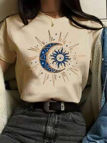 Camiseta de manga corta con cuello redondo y estampa de sol y luna para mujeres - Caqui 2 - Ver 6