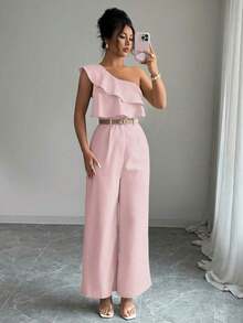 Mono de mujer con diseño casual apropiado para vacaciones de primavera/verano, adecuado para la oficina, el transporte, la playa y la hora del té de la tarde, con tirantes de espagueti, cintura con doble volante y silueta recta y suelta - Rosa - Ver 6