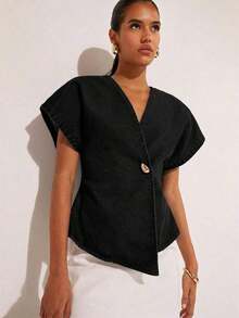 Denim Blusa de mezclilla de manga de murciélago con un solo botón de moda para mujer, de verano - Negro - Ver 6