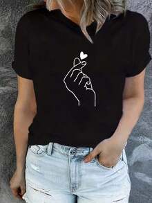 T-Shirt With Finger Heart Pattern, Short Sleeves And Round Neck, Suitable For Summer And Spring, Women's Clothing, Summer T-Shirt - Black - View 6