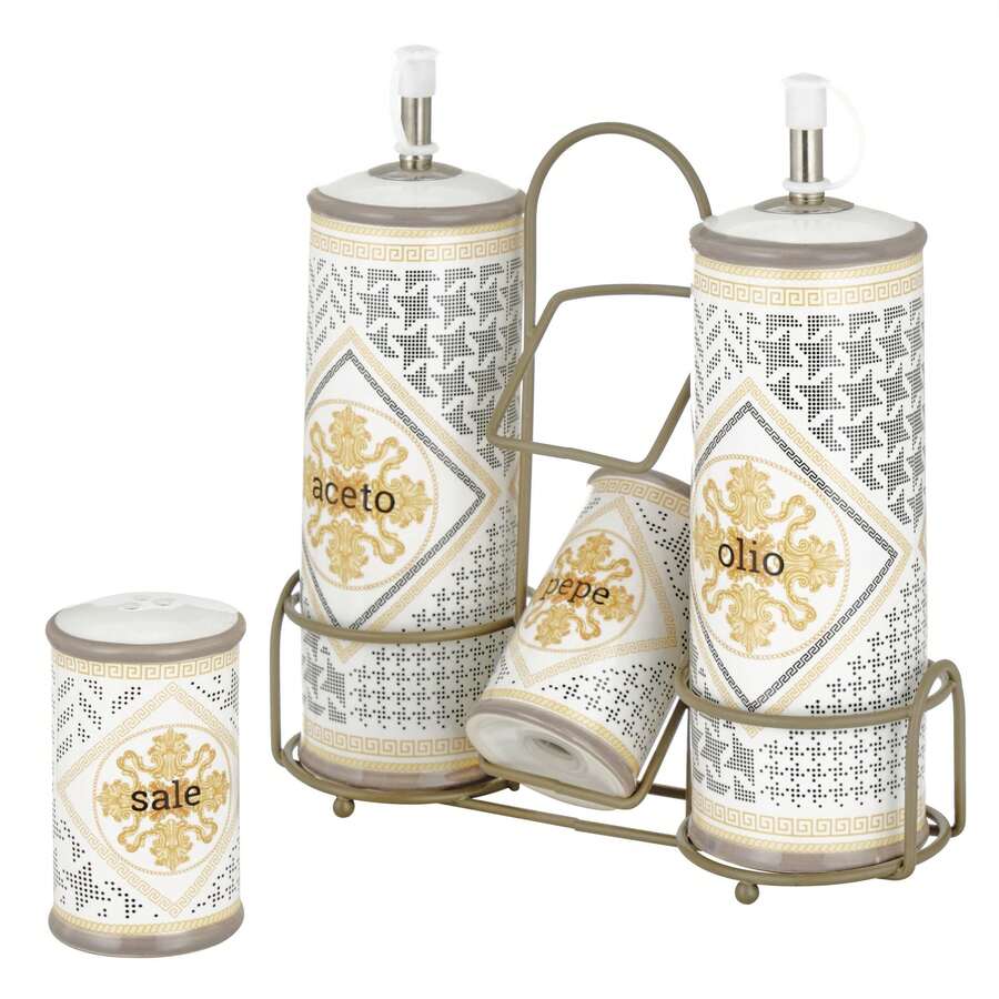 Baroni Home Keramik-Streuer für Öl, Essig, Salz und Pfeffer mit Metallständer, robustes und farbenfrohes Küchenaccessoire, Domus-Linie, 21 x 8 x 22 cm - Haushalt - Übersicht 1