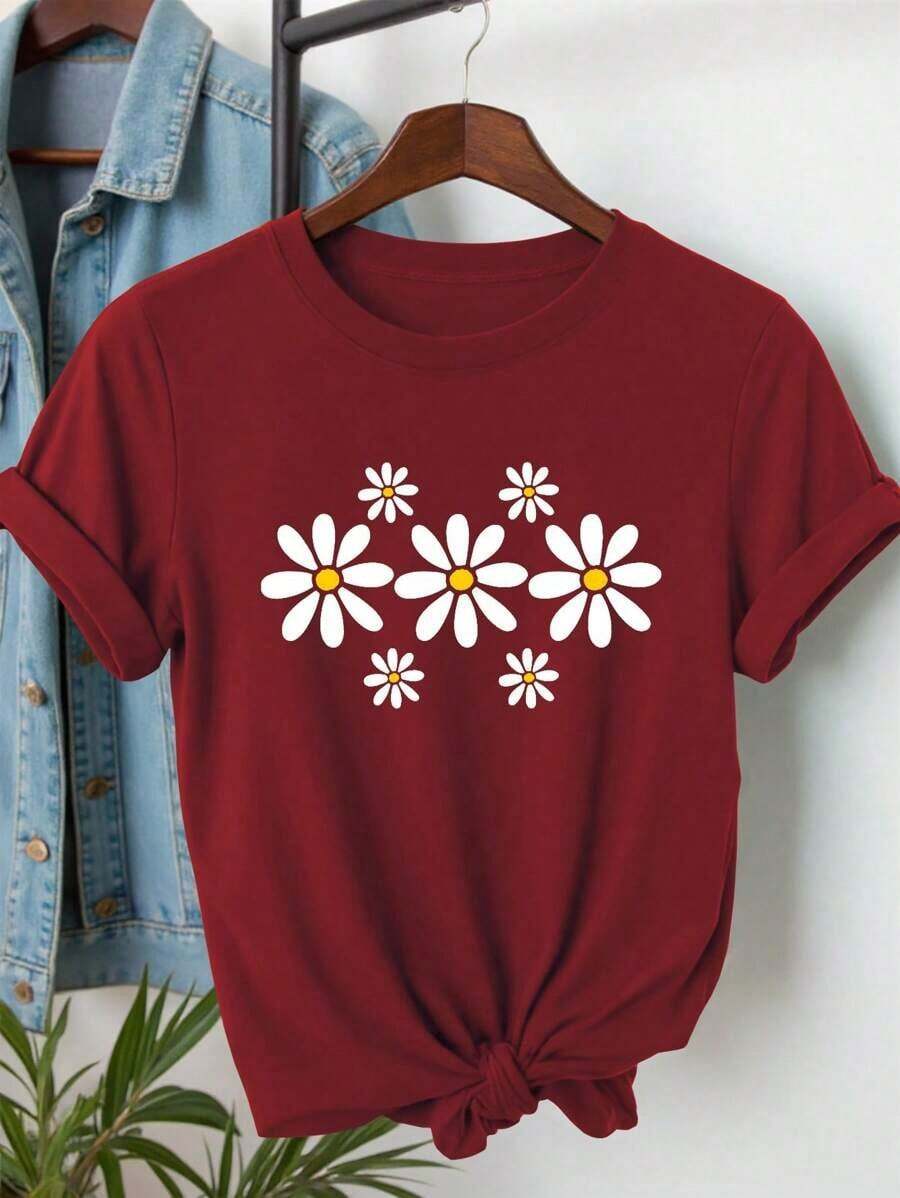 1 Pieza de Camiseta Blanca Casual de Moda para Hombres y Mujeres, con Estampado Floral y de Mariposas, Cuello Redondo, Versátil para el Verano, Fácil de Combinar, para Uso Diario, Estilo Urbano, Ropa de Vacaciones, Ropa de Fin de Semana. - Burdeos - Ver 1