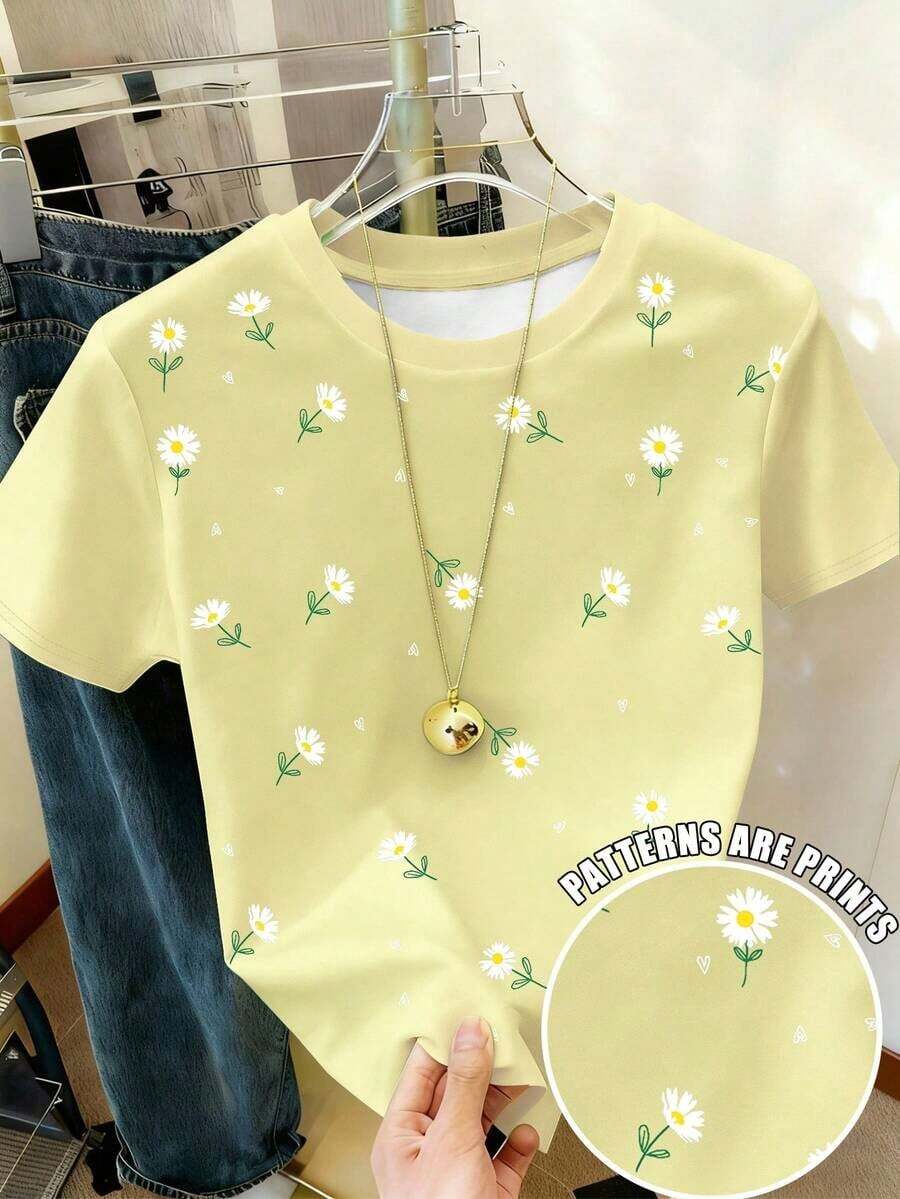 Camiseta casual versátil de mujer con cuello redondo y manga corta con estampado de margaritas - Multicolor - Ver 1