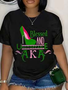 1 pieza de camiseta 100% para mujer J15 AKA 1908 Sisters Club - con estampado geométrico rosa y verde, cuello redondo, ajuste cómodo, manga corta, top de verano, lavable a máquina, camiseta casual, ropa temática AKA, conjuntos de Pascua para mujer, conjuntos de regalo para el Día de la Madre, ropa para la Copa del Mundo, ropa para fiestas de fútbol, ropa para el día del partido, camiseta oversize unisex de fútbol de EE. UU., conjuntos de verano para mujer. 180g 100% Algodón - Negro - Ver 1