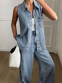Conjunto de 2 piezas para mujeres compuesto por un chaleco de mezclilla lavada con cuello y pantalones anchos de pierna larga - Azul lavado medio - Ver 5