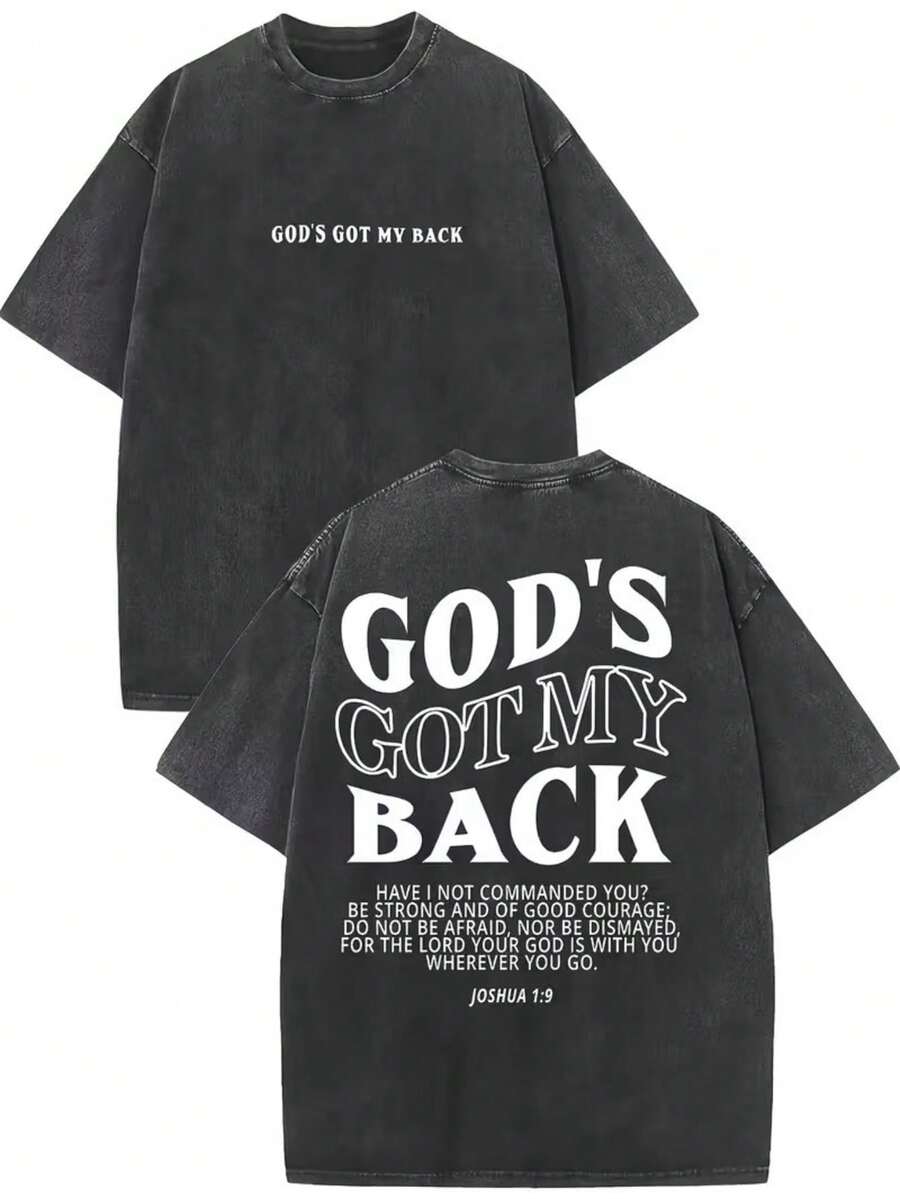 Camiseta Vintage Lavada para Hombre con Estampado de la Versículo de Juan 10:28 - "Dios está conmigo", bordado con efecto lavado ácido, corte holgado e informal, adecuada para la iglesia, festivales y uso casual, ropa religiosa inspiradora - Camiseta Unisex de Algodón de Manga Corta y Cuello Redondo, Estilo Urbano Vintage. - Negro - Ver 1