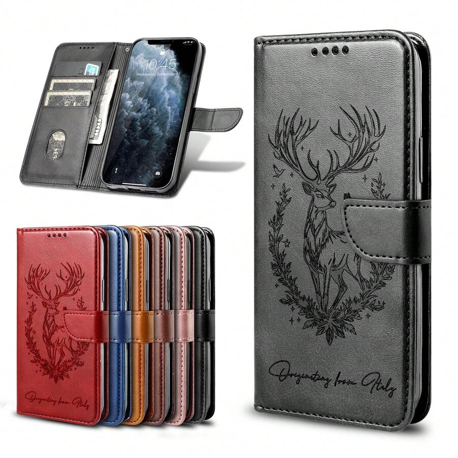 (Incluye cordón gratis, sigue la tienda y recoge el artículo) Funda de teléfono de cuero con relieve de ciervo de la suerte, compatible con Apple/ - Cuerda negra/gratis - Ver 1