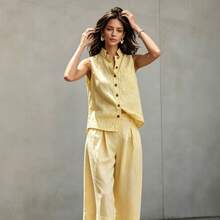 New 2026 Two Piece European Style Set Sleeveless Vest Cotton Linen - Yellow - View 4