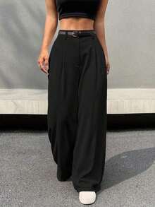 Pantalones de pierna ancha con cinturón de talle alto, perfectos para el tiempo libre, primavera/otoño, con botón, bolsillo y cremallera, de pierna recta natural, pierna ancha, sueltos y negros, para uso casual diario. - Marrón - Ver 9