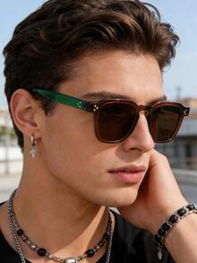 1pc New Fashion Square Double-Frame Retro Personalized Ocean Lens Tortoiseshell Fashion Glasses, Suitable For Daily Wear, Fashionable And Versatile, Suitable For Autumn/Winter Outfits, Beach Accessories, Retro Y2K All-Match Glasses, Business And Casual Gifts - Green Tea - View 1