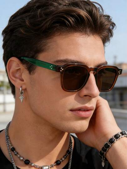 1pc New Fashion Square Double-Frame Retro Personalized Ocean Lens Tortoiseshell Fashion Glasses, Suitable For Daily Wear, Fashionable And Versatile, Suitable For Autumn/Winter Outfits, Beach Accessories, Retro Y2K All-Match Glasses, Business And Casual Gifts