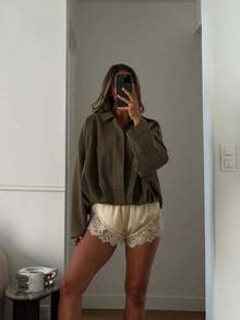 Chaqueta casual suelta de manga larga de ante sintético de un solo pecho para mujer, adecuada para usar en primavera. Chaqueta militar corta de mujer con botones de metal en los bolsillos, adecuada para usar en primavera y otoño. - Verde - Ver 6
