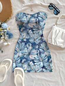 Vestido corto estampado floral sin tirantes, estilo de vacaciones para mujer - Azul - Ver 3