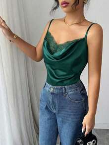 Camiseta de satén asimétrica elegante y sexy con dobladillo de encaje para mujer - Verde 2 - Ver 3