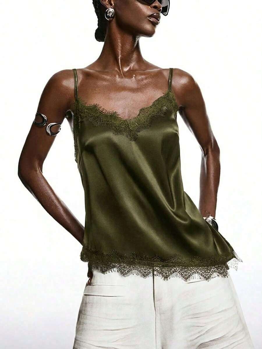 2026 Nueva Blusa Minimalista de Primavera para Mujer de Satén Color Albaricoque con Encaje, Elegante Camisola con Ribete de Encaje, Adecuada para Primavera/Verano; Camisa Elegante, Adecuada para Fiestas, Primavera, Navidad, Año Nuevo, etc.; Elegante - Verde militar - Ver 1