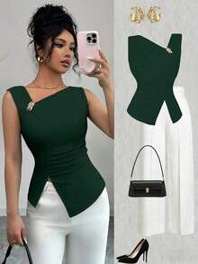 Top sin mangas de unicolor y estilo minimalista para mujer, para uso diario - Verde Oscuro - Ver 1