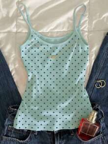 Camiseta de mujer de verano de cuello redondo, ajustada, con estampado de lunares - verde menta - Ver 4