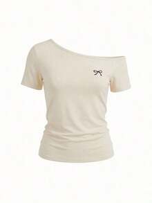 Camiseta casual de mujer con cuello asimétrico y decoración de cuentas, para verano - Albaricoque - Ver 2