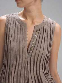 Primavera/Verano Nueva Blusa de Lino sin Mangas con Cintura Plisada para Mujer, Minimalista Casual, Estilo Vacacional, Marrón - Marrón - Ver 6
