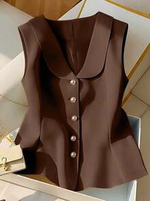 Blusa sin mangas amarilla elegante, top de verano elegante y estilizador para mujeres - Café integral - Ver 3