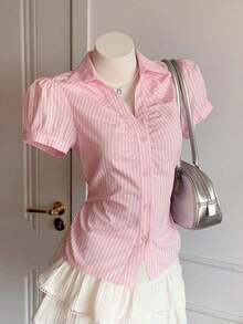 Camisa casual de mujer de manga corta abullonada, de un solo pecho, a rayas azules, ropa de verano - Rosa - Ver 7