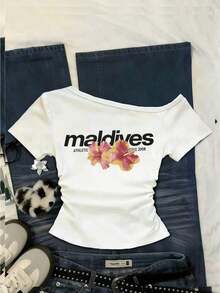 Camiseta casual de mujer con hombro asimétrico y mangas cortas a rayas - Multicolor 2 - Ver 6