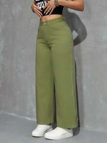 Jeans rectos y sueltos con bolsillos - Verde - Ver 3