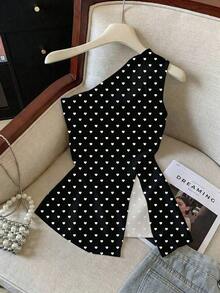 Blusa casual de vacaciones para mujer con estampado de lunares, sin mangas y con bajo dividido - Multicolor 2 - Ver 5