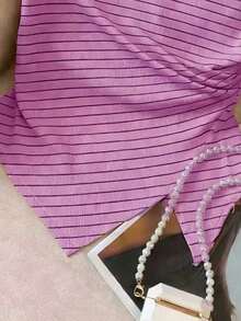 Camiseta casual de mujer de unicolor, cuello redondo, manga corta con bajo asimétrico - Púrpura malva - Ver 3