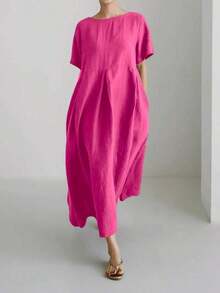 Vestido de lino suelto, casual, elegante y cómodo para mujer.Vestido largo suelto de manga corta, con bolsillo, cuello redondo y unicolor.Ajuste relajado para el verano - Rosa Fucsia - Ver 5