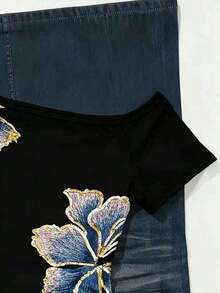 Camiseta casual versátil de mujer con hombro asimétrico y mangas cortas a rayas - Multicolor 6 - Ver 5
