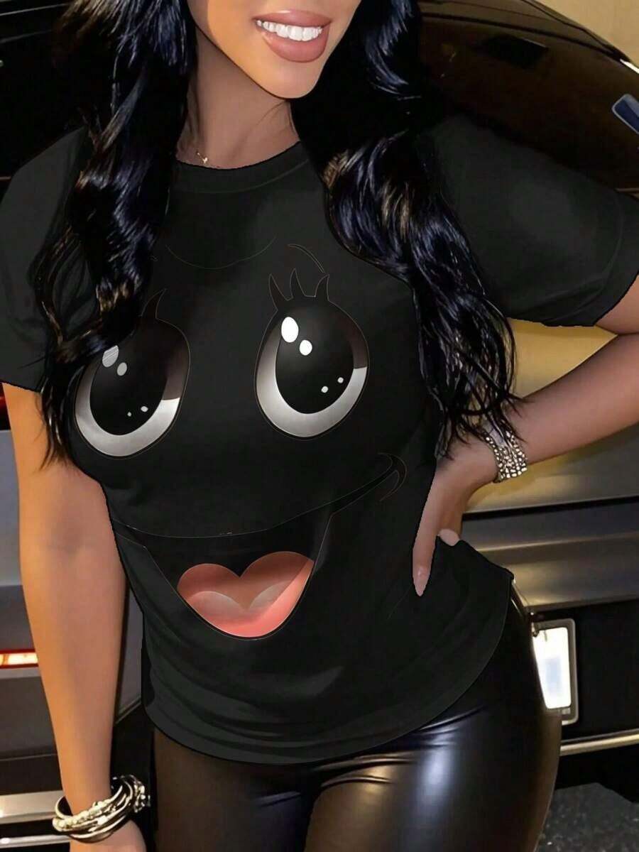 Camiseta Casual de Verano para Mujer con Estampado Gráfico |     Camiseta Básica de Manga Corta con Cuello Redondo | |     Tela suave y transpirable adecuada para deportes |     Negro/Rosa/Naranja |     Conjunto de Ropa para Vacaciones - Negro - Ver 1
