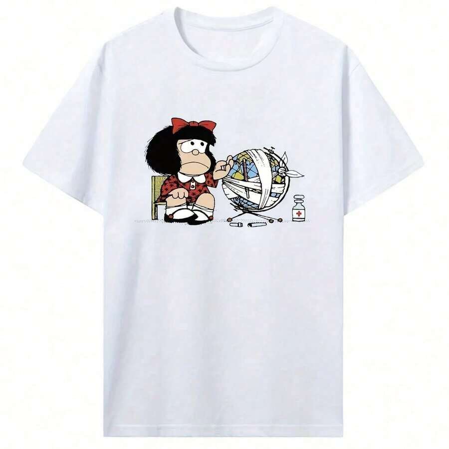 Mafalda And The Wounded Earth, Fun Print For Women, Harajuku Style, Comic, Ulzzang, Cartoon, Kawaii, Casual Blouse, T-Shirt, Streetwear - 黑色 - 查看 1