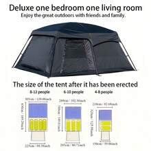 4/8/12 Person Portable Extra-Large Ventilated Outdoor TentFeatures UV Protection, Wind Resistance, And Breathability, And Comes With An Extended Awning. Ideal For Hiking, Travel, The Beach, And Year Round Use. - 黑色 - 查看 2