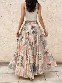 Falda larga de moda para mujer, de tela de gasa con estampado floral, elegante y versátil, sin estiramiento, cintura elástica, cómoda de llevar, con estilo y gracia para el verano - Rosa Pálido - Ver 3
