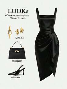 Vestido sin mangas de satén pesado color vino tinto para mujer, cuello cuadrado retro, adelgazante de cintura con pliegues tridimensionales, bajo asimétrico, vestido de lujo para cóctel y citas, vestido corto ajustado con textura drapeada - Negro - Ver 1