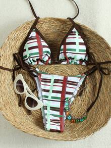 Maiô Bikini Feminino Retrô Xadrez com Design de Gola Contrastante, Conjunto de Maiô de Duas Peças Ultra Sexy para Férias na Praia, Primavera Verão 2026 - Multicolorido - Visão 2