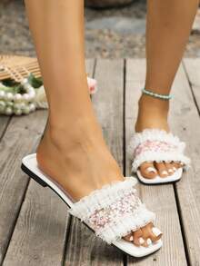 Sandal đế bằng lưới ren thêu màu trắng thời trang mới dành cho nữ, thích hợp cho ở nhà, hẹn hò, đám cưới, kỳ nghỉ, hoạt động ngoài trời, đi biển. - trắng - Xem 1