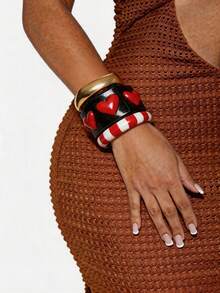 4Pcs European And American Style Exaggerated Geometric Bracelet, Light Luxury, Simple Black And Red Wide Bracelet For Women, Unique Stackable Jewelry. - Multicolor - View 1