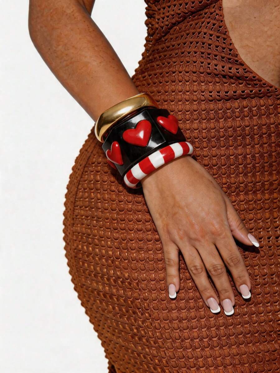 4Pcs European And American Style Exaggerated Geometric Bracelet, Light Luxury, Simple Black And Red Wide Bracelet For Women, Unique Stackable Jewelry. - Multicolor - View 1