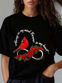 Camiseta de Mujer con Cuello Redondo y Mangas Cortas, Estampado Divertido "Always On My Mind Forever In My Heart", Símbolo de Infinito con Cardenales y Rosas, Camiseta Negra. Adecuada para el Día de San Valentín, Fiestas de Navidad, Actividades Deportivas, Fiestas de Vacaciones, Salidas, Deportes y Otros Regalos Festivos. Camiseta unisex de algodón holgada de manga corta y cuello redondo estilo vintage urbano. Blusas para mujer, playeras de mujer, blusas casuales para dama. - Negro - Ver 4