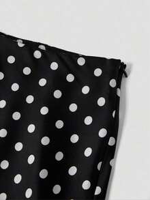 Falda larga de satén con lunares, minimalista y de moda, adecuada para el verano - Negro - Ver 4